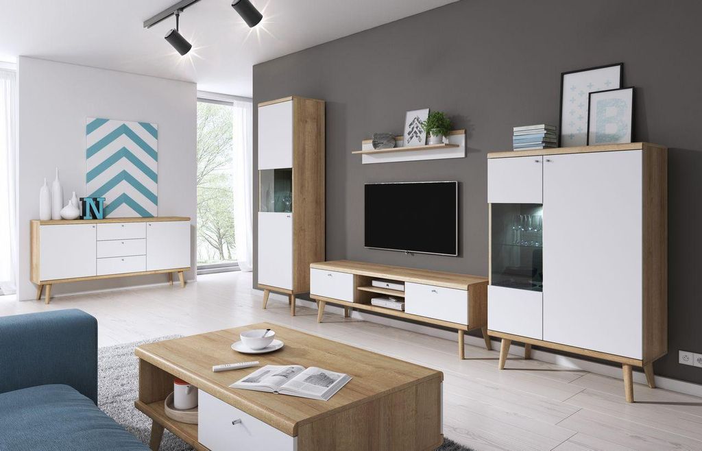 Wohnzimmer Set – Wohnzimmer Komplettset 6-teilig – PRIMO – Weiß / Sonoma Eiche – TV-Lowboard – 2× Vitrine – Kommode – Couchtisch ...