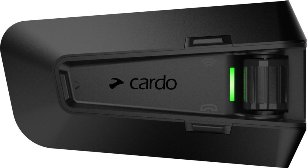 A close-up, angled view of a black Cardo Packtalk PRO communication system.