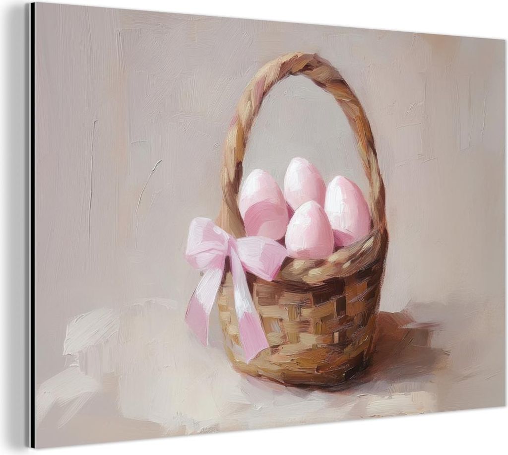 MuchoWow Wanddekoration Metall Metallbild Wandkunst 120x80 cm Korb - Eier - Rosa MuchoWow Aluminium Gemälde - Alu Bild