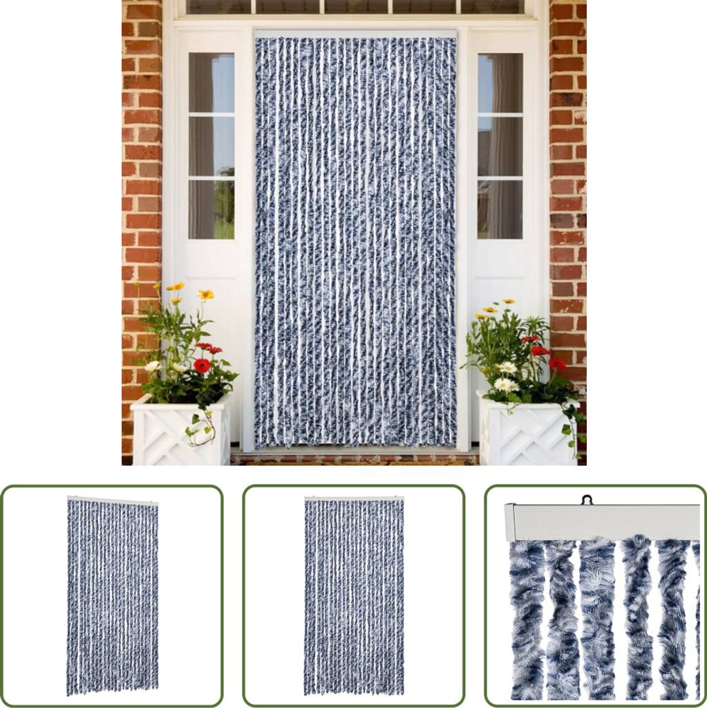The Living Store Fliegenvorhang Blau und Weiß 100x230 cm Chenille