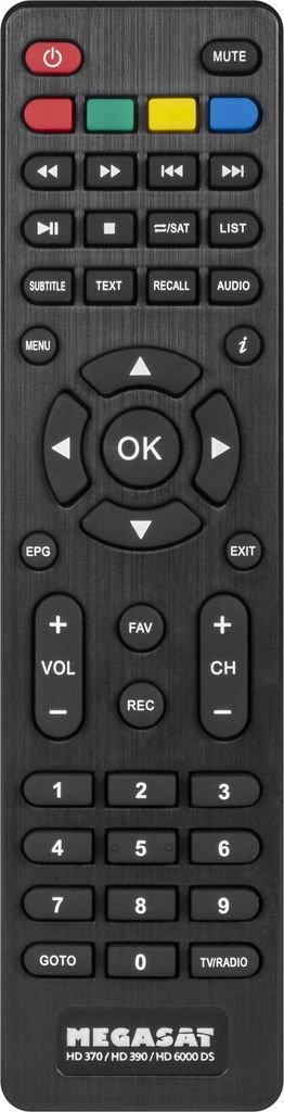 A black remote control with various buttons and labels.