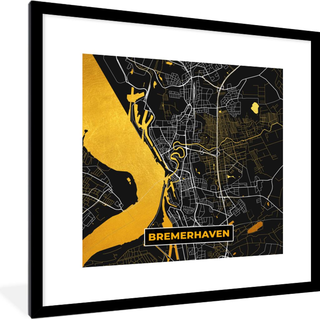 MuchoWow Gerahmtes Poster Bremerhaven - Karte - Gold - Deutschland - Stadtplan 40x40 cm - Poster mit Schwarzem Bilderrahmen Wandposter Rahmen Fot...