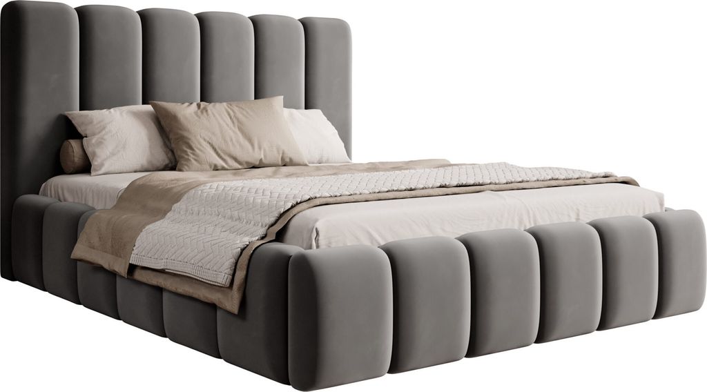 FEDVE Polsterbett Doppelbett Ardal Bett Bettkasten 180x200 cm Grau (Monolith 85)
