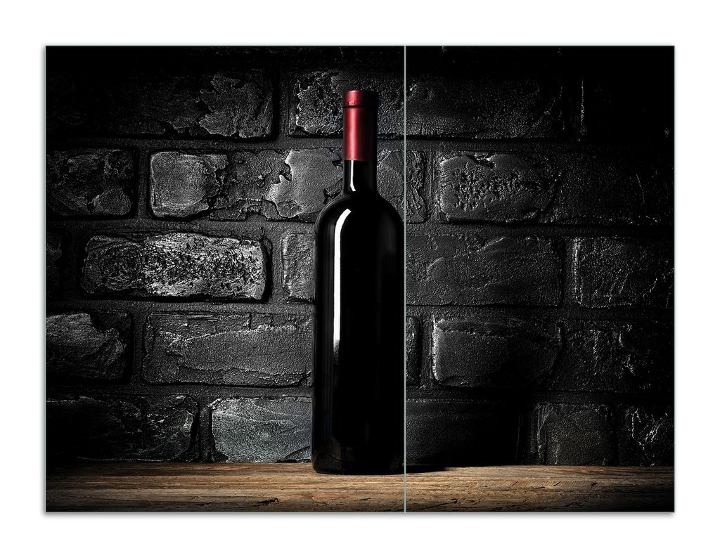Wallario Herdabdeckplatte aus Glas, Größe 70 x 52 cm 2-teilig, Motiv Rotwein-Flasche am Abend