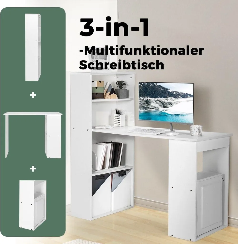 Table de bureau blanc pour télétravail - Bureau PC avec étagère intégrée