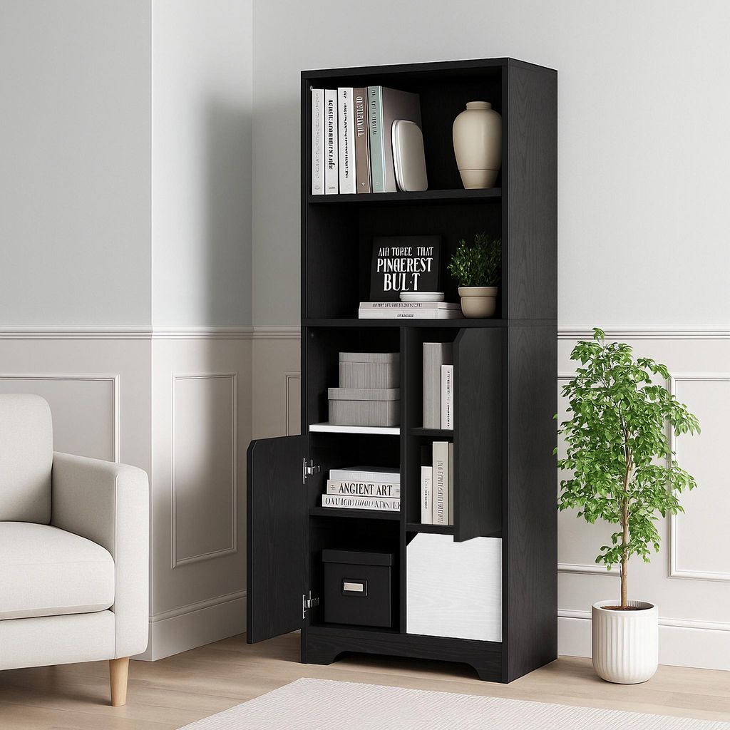 Multifunktionales Bücherregal mit offenem Stauraum, Türen und Schubladen, Schwarz-Weiß, moderner Stil, Aufbewahrungsschrank für Wohnzimmer