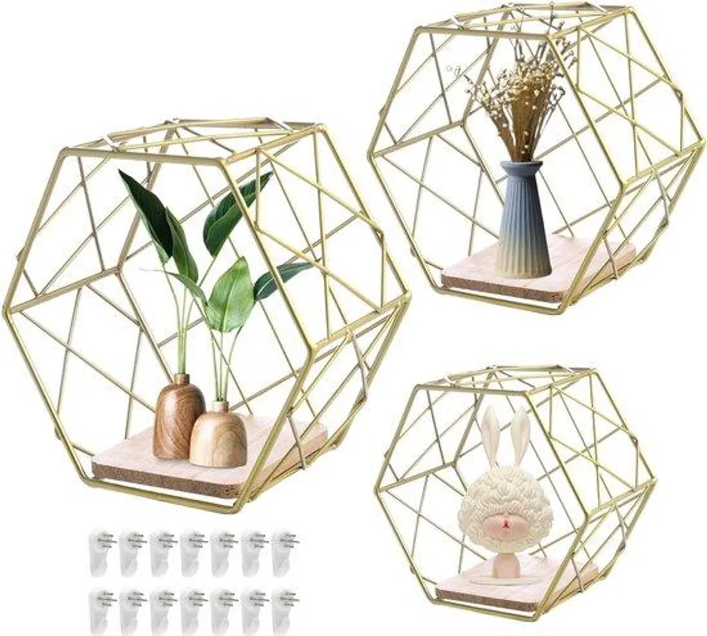 Étagère murale triangulaire Wandrek lot de 3 bois et métal doré chic