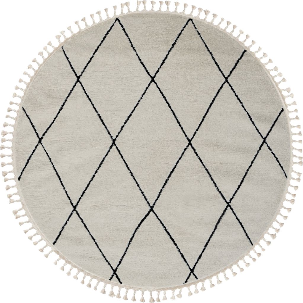 MY-RUG Teppich, Freya, 190x190, Weiß, Hochflorteppich, modern, marokkanisches Design, flauschig weich, Skandi-Rautenmuster, rund