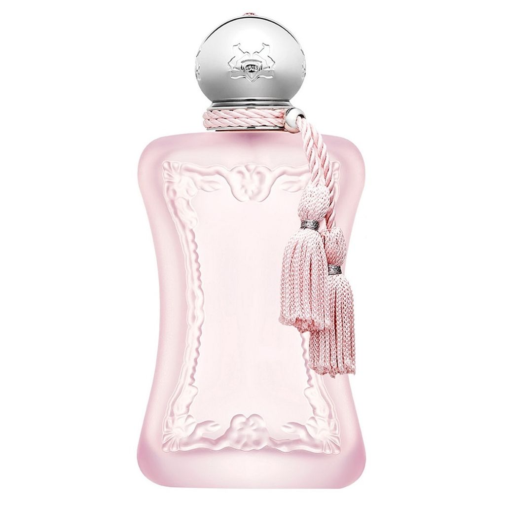 A pink perfume bottle with a silver cap and pink tassels.