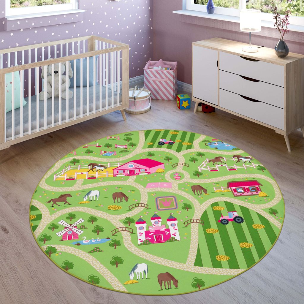 Kinder-Teppich Für Kinderzimmer, Spiel-Teppich Mit Landschaft und Pferden, In Grün Grösse Ø 160 cm Rund