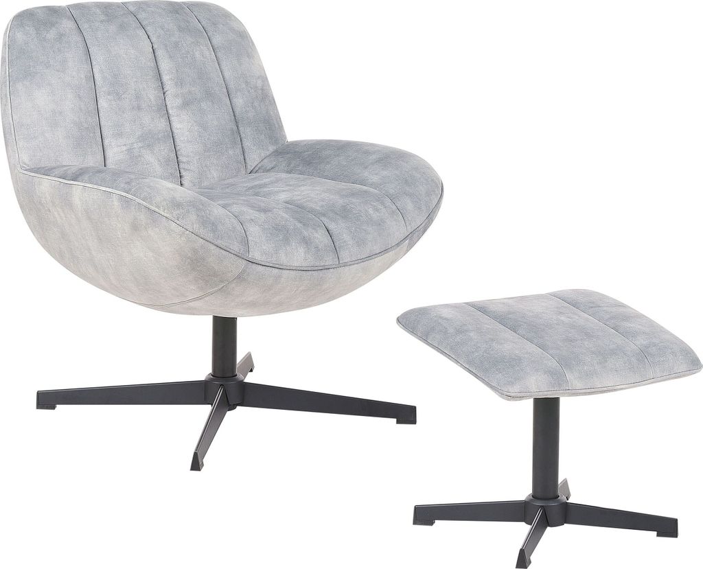 BELIANI Sessel mit Hocker Hellgrau Samtbezug Gesteppt Drehfunktion Dicke Polsterung Ohne Armlehnen Retro Wohnzimmer Schlafzimmer Flur Ausstattung