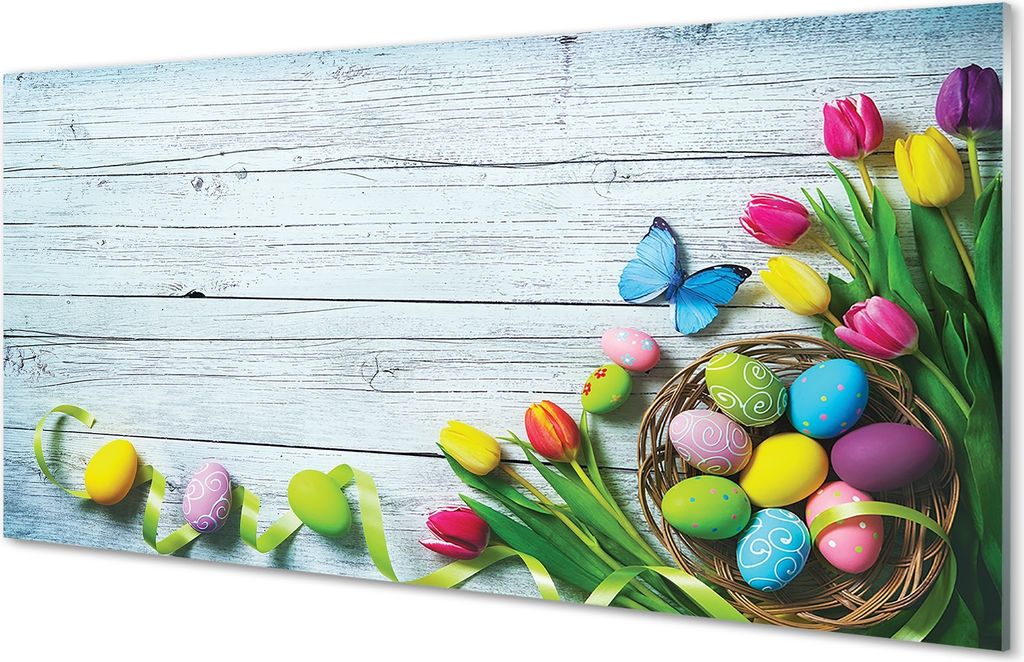 Glasbilder 120x60 Wandkunst Eier Tulpen Schmetterling