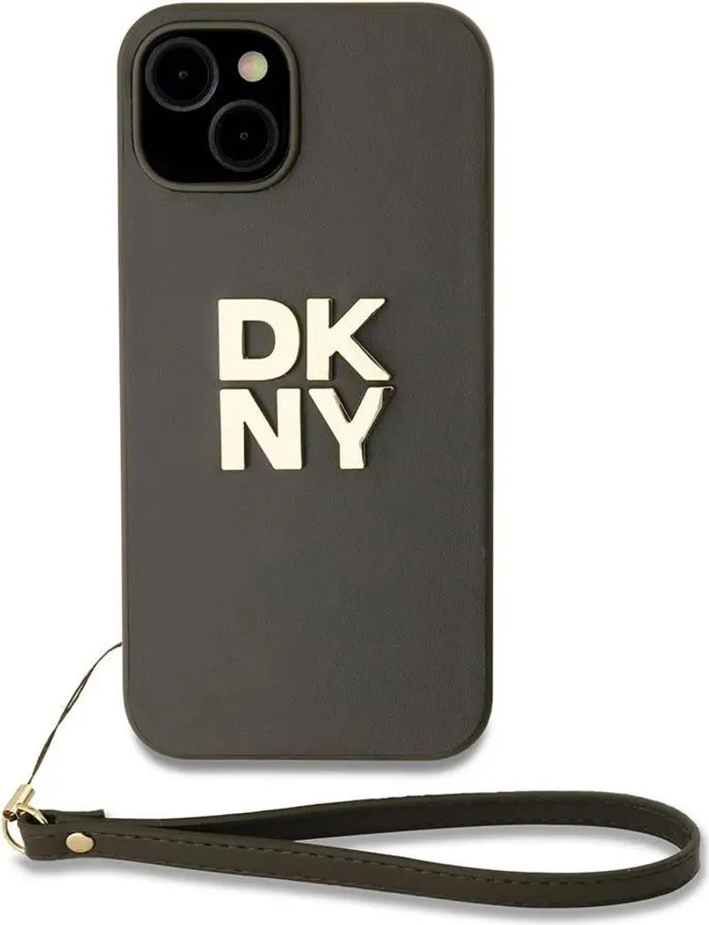 Cover DKNY iPhone 14 Marrone Leather Stack Logo con Cinturino Polso - 1