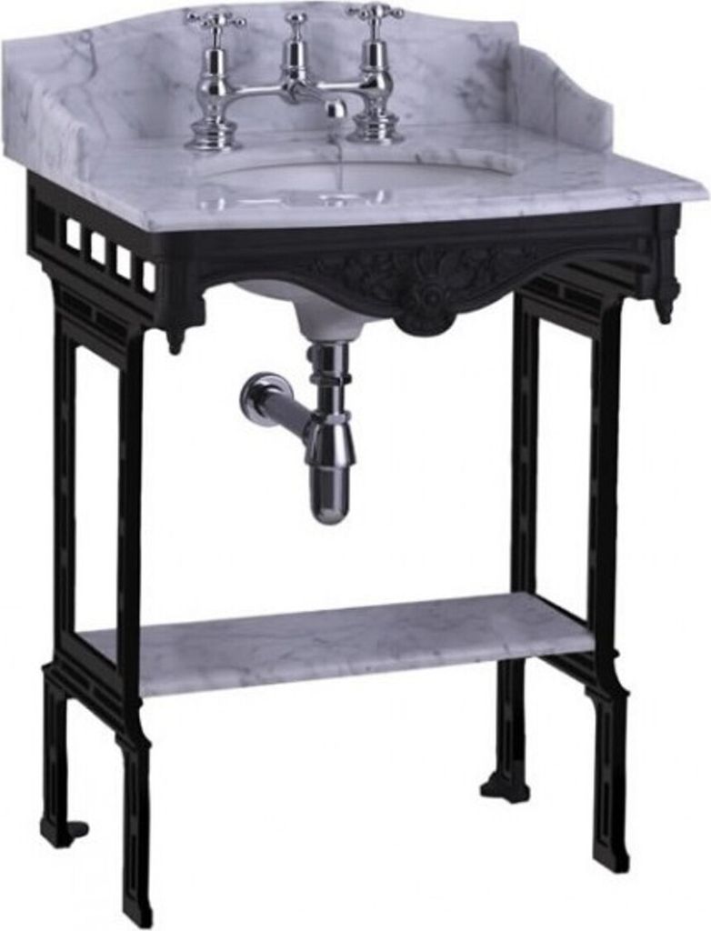 Casa Padrino Luxus Jugendstil Stand Waschtisch Weiß / Schwarz mit Marmorplatte mit Spritzschutz hinten, seitlich und Ablage Barock Waschbecken Bar...