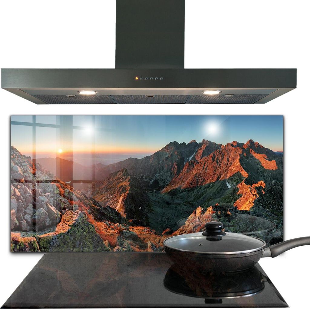 Spritzschutz aus Glas Küchenrückwand - Wandschutz für Herd und Spüle - 100x50 cm - Bergpanorama bei Sonnenuntergang