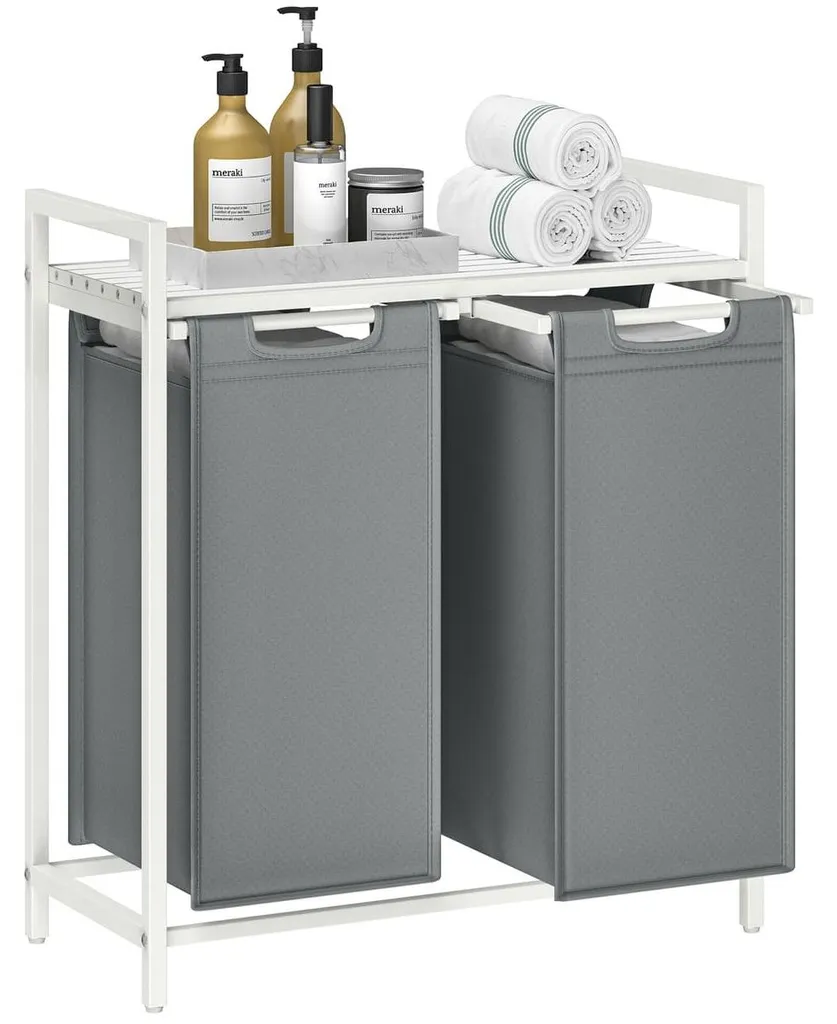 Panier à linge gain de place 2 compartiments blanc gris H71 cm robuste - 3