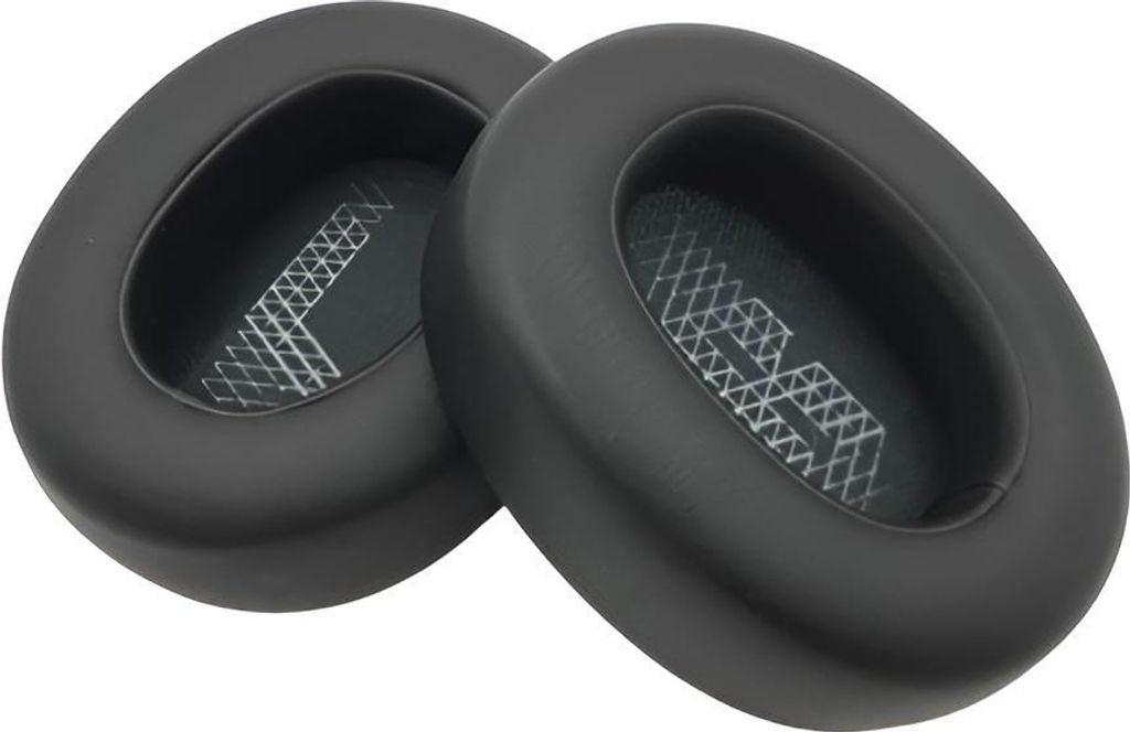 Two black ear pads for headphones are shown against a white background.