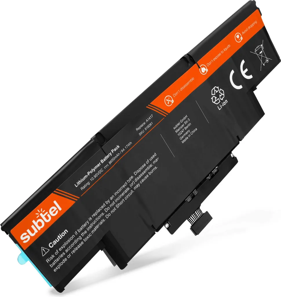 subtel Batteria sostitutiva MacBook Pro 15 Retina - A1398 - Mid 2012 - Early 2013 per portatile laptop, capacità: 8600mAh 10.95V