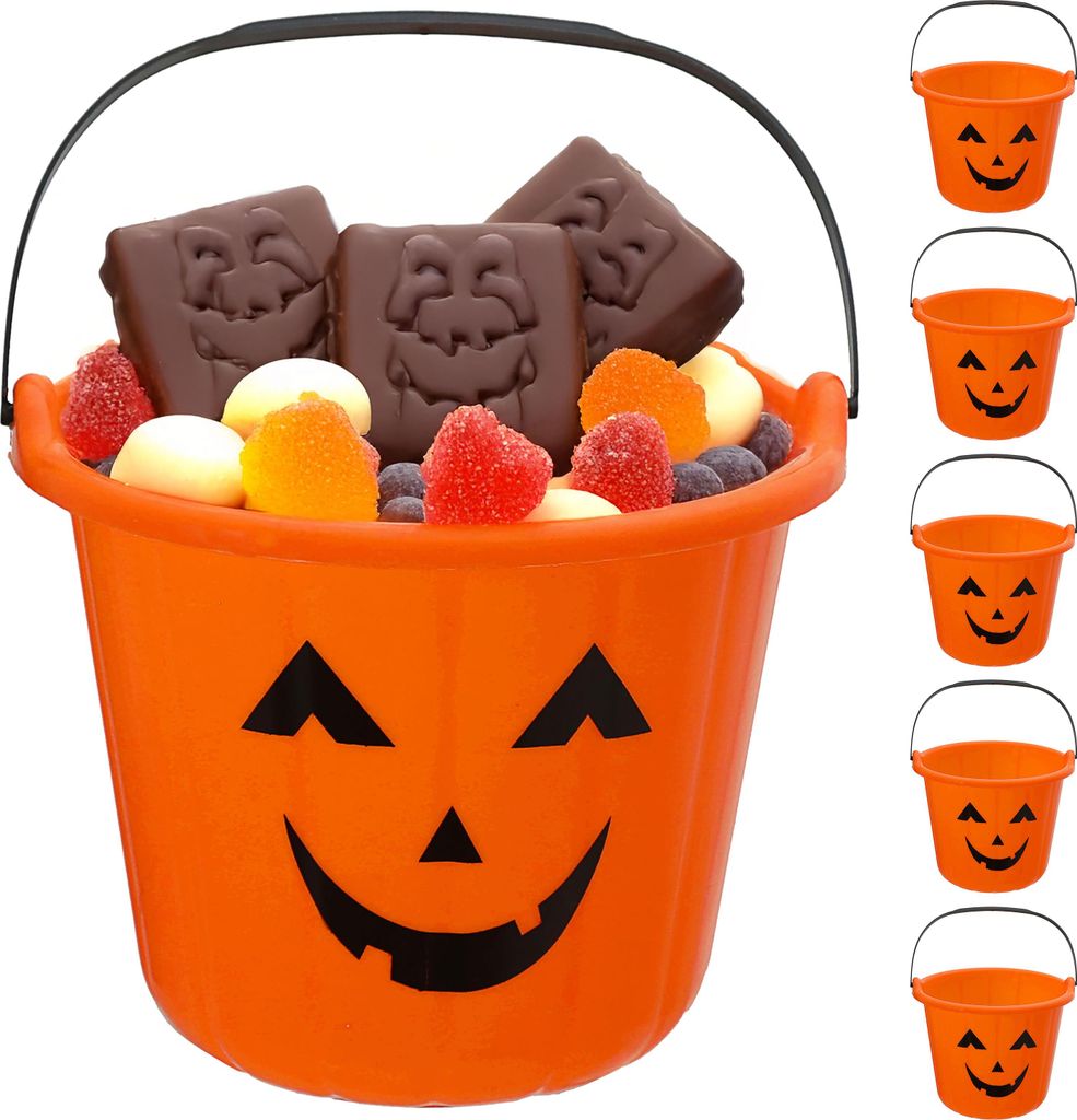 Halloween Sammeleimer 6er Set schwarz orange 17x15cm Kunststoff Eimer Henkeleimer Kürbis Süßigkeiteneimer