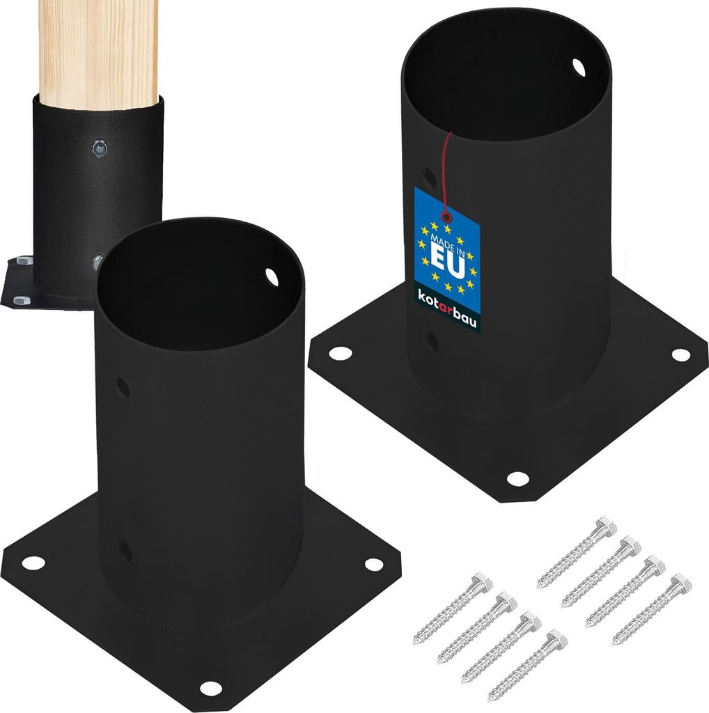 Two black metal post bases with screws and a wooden post.