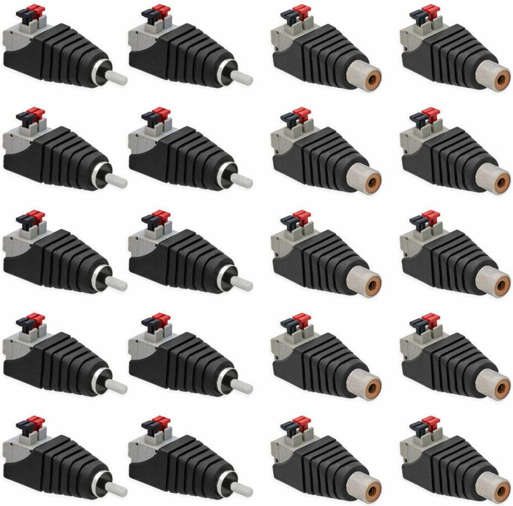 10x Cinch Buchse + 10x Cinch Stecker RCA >Terminal Block 2 Pin Adapter Druck Klemmen Set