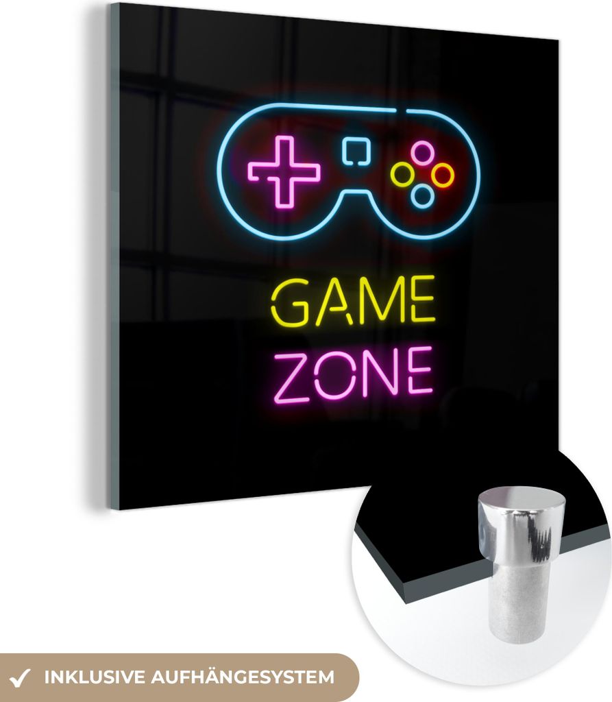 MuchoWow Glasbilder - Bilder auf Wandbild - Foto auf Glas Controller - Spiel - Neon - Schwarz - Zitate - Spielzone 90x90 cm Wanddekoration aus Glas...