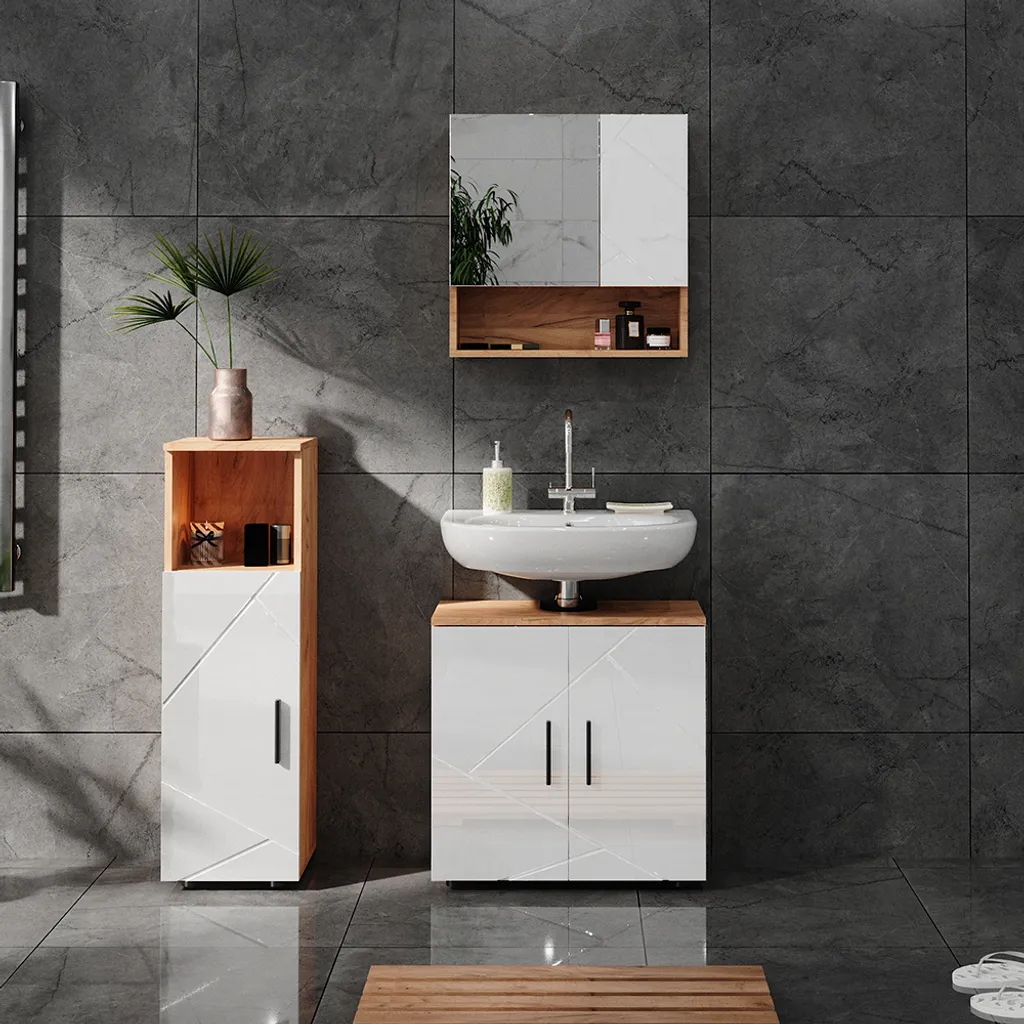 Vicco Irma Set de Bain 3 Éléments Blanc Brillant et Chêne Doré Modèle 40538 - 4