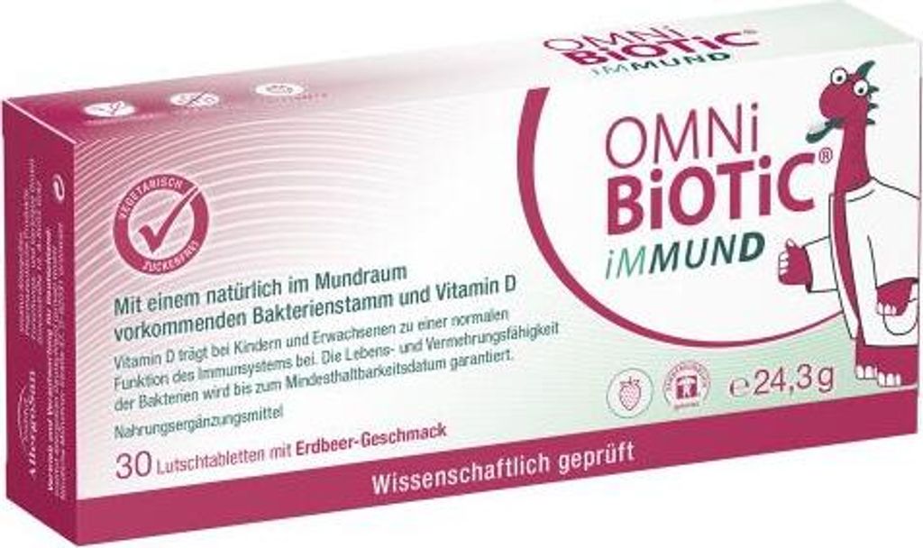 Pastilles Omni Biotic Immund - 30 Comprimés Goût Fraise, Avec Vitamine D, Sans Sucre, Fabriqué En Allemagne