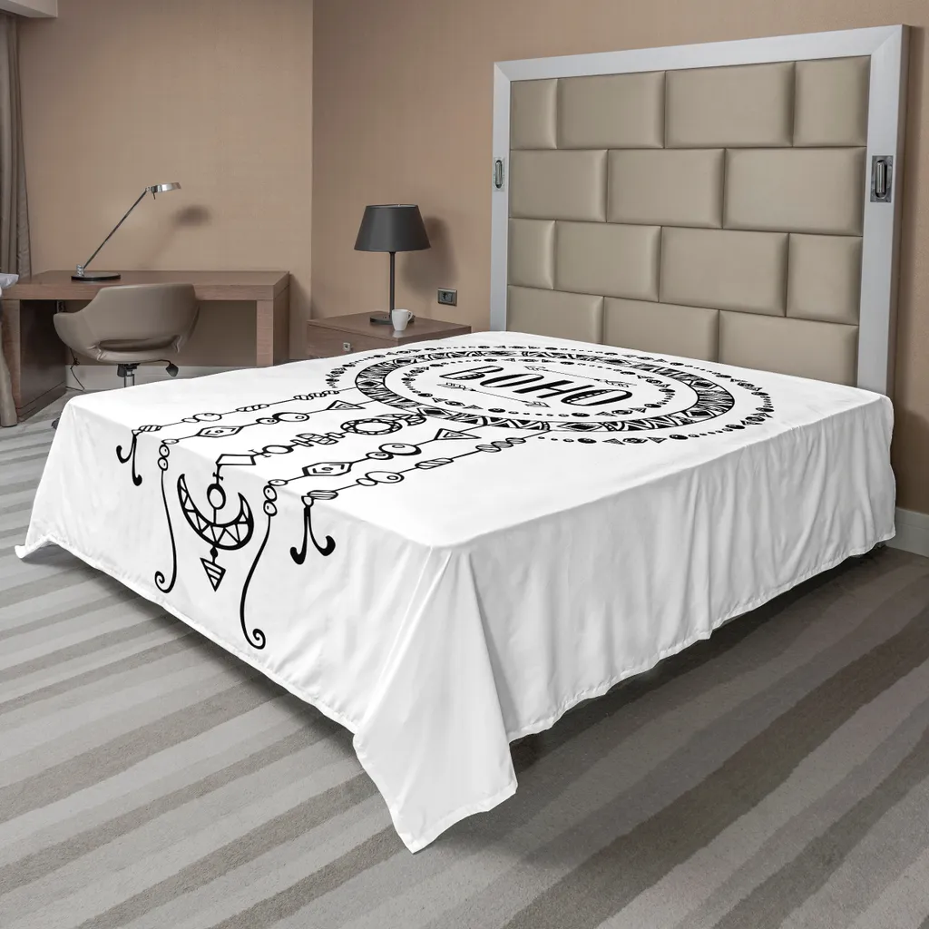 Drap plat ABAKUHAUS tribal bohème 244x205 cm motif ethnique noir et blanc