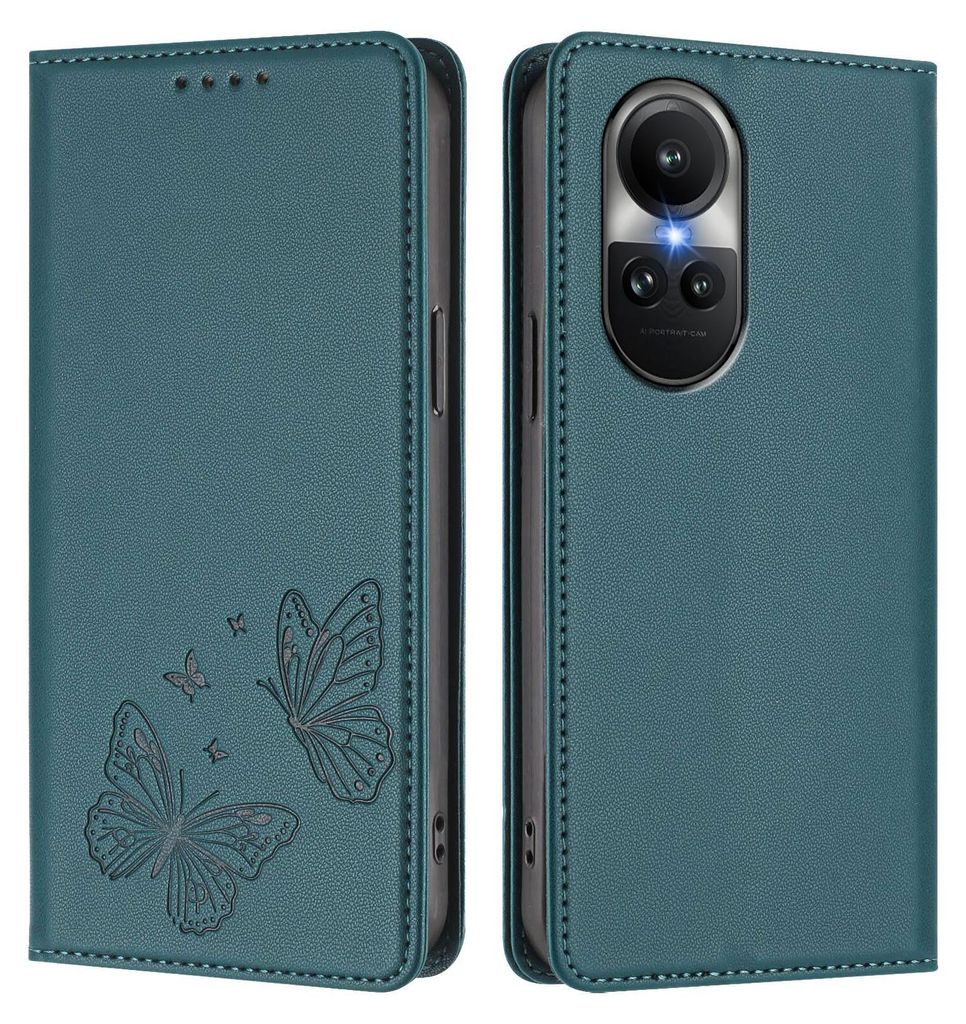 Lederhülle für Oppo Reno10 /Reno10 Pro 5G, Schmetterling Prägung Leder Brieftasche Schutzhülle mit Ständer Grün