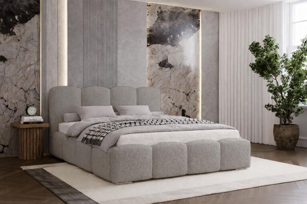 Doppelbett 200x200 Zenna - dickem Schaumstoff, Bett mit Bettkasten und Metall-Lattenrost - Bouclé Hellgrau (Lambi 11)
