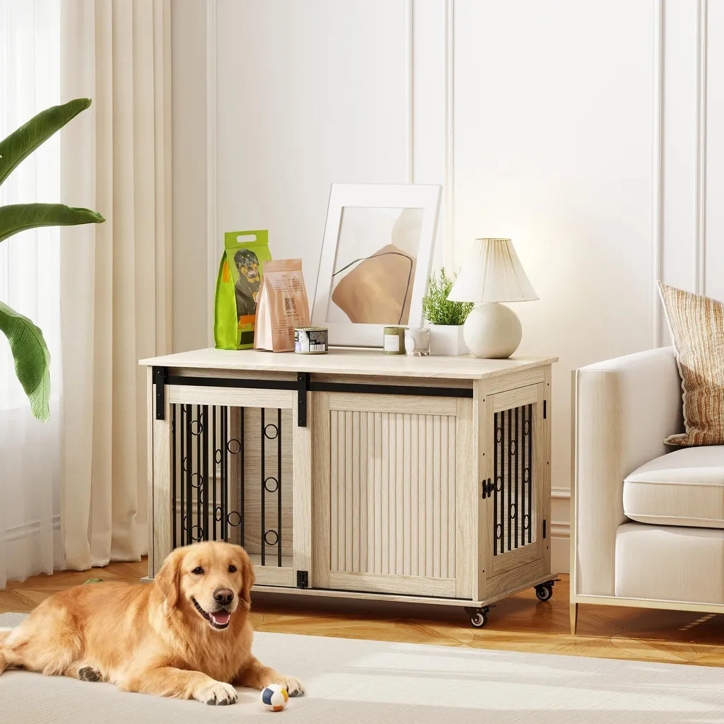 Cage Chien Robuste 100cm - Table d'appoint Verrouillable en Bois Chêne