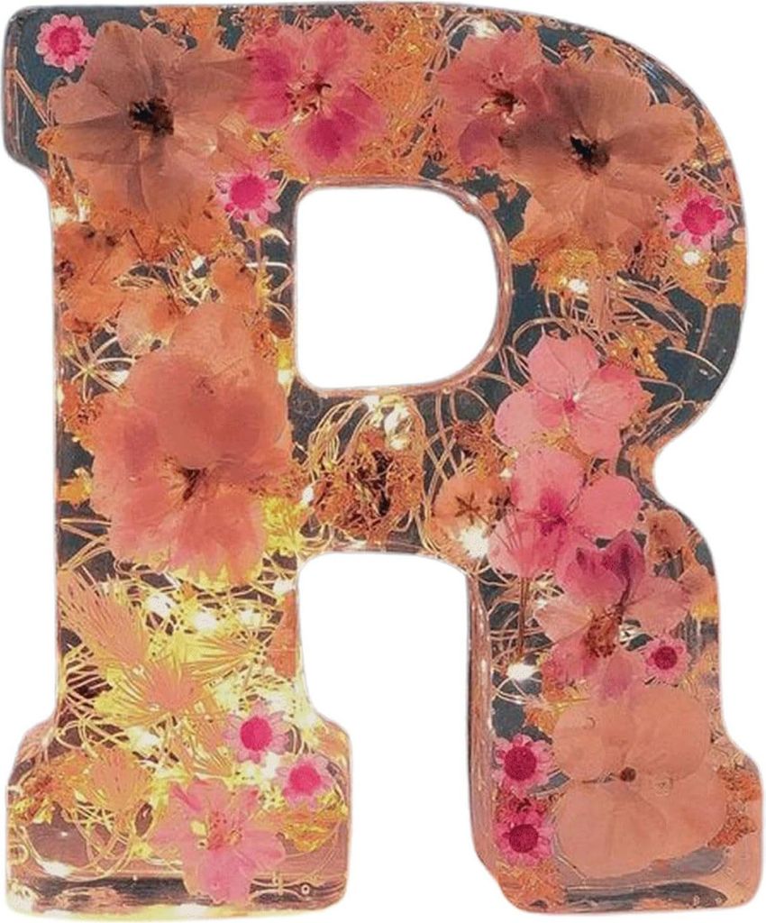 Florales Nachtlicht aus Kunstharz, handgefertigt, gepresste Blumen in Kunstharzbuchstaben, Lampe, Tischdekoration, leuchtende Blumenbuchstaben, Ges...