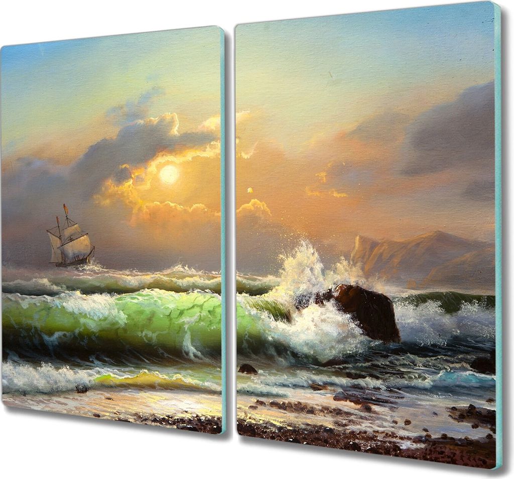 Coloray Hackbrett Küchenbrett Kochplattenabdeckung Schneidebrett Herdabdeckplatte 2x30x52 cm - Waves Schiff Sonnenuntergang