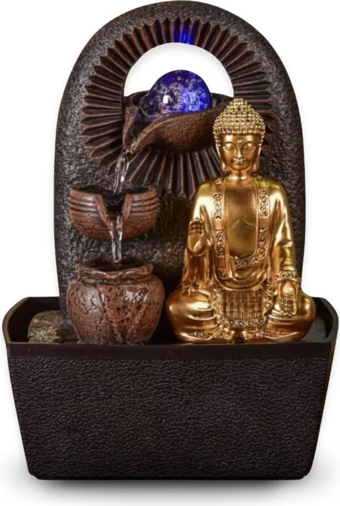 Fontaine Bhava Buddha Bouddhisme Zen Marron et Doré Hauteur 26 cm