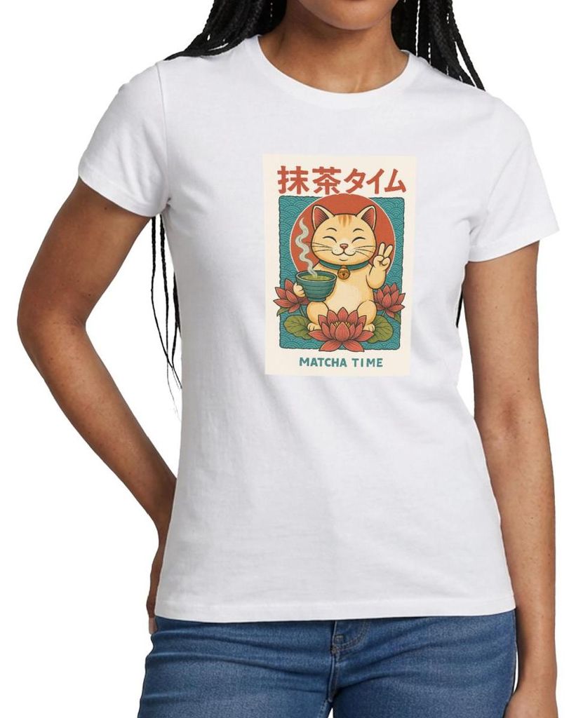 Spreadshirt Matcha Time | Katze Im Japan-Look Frauen T-Shirt, L, Weiß