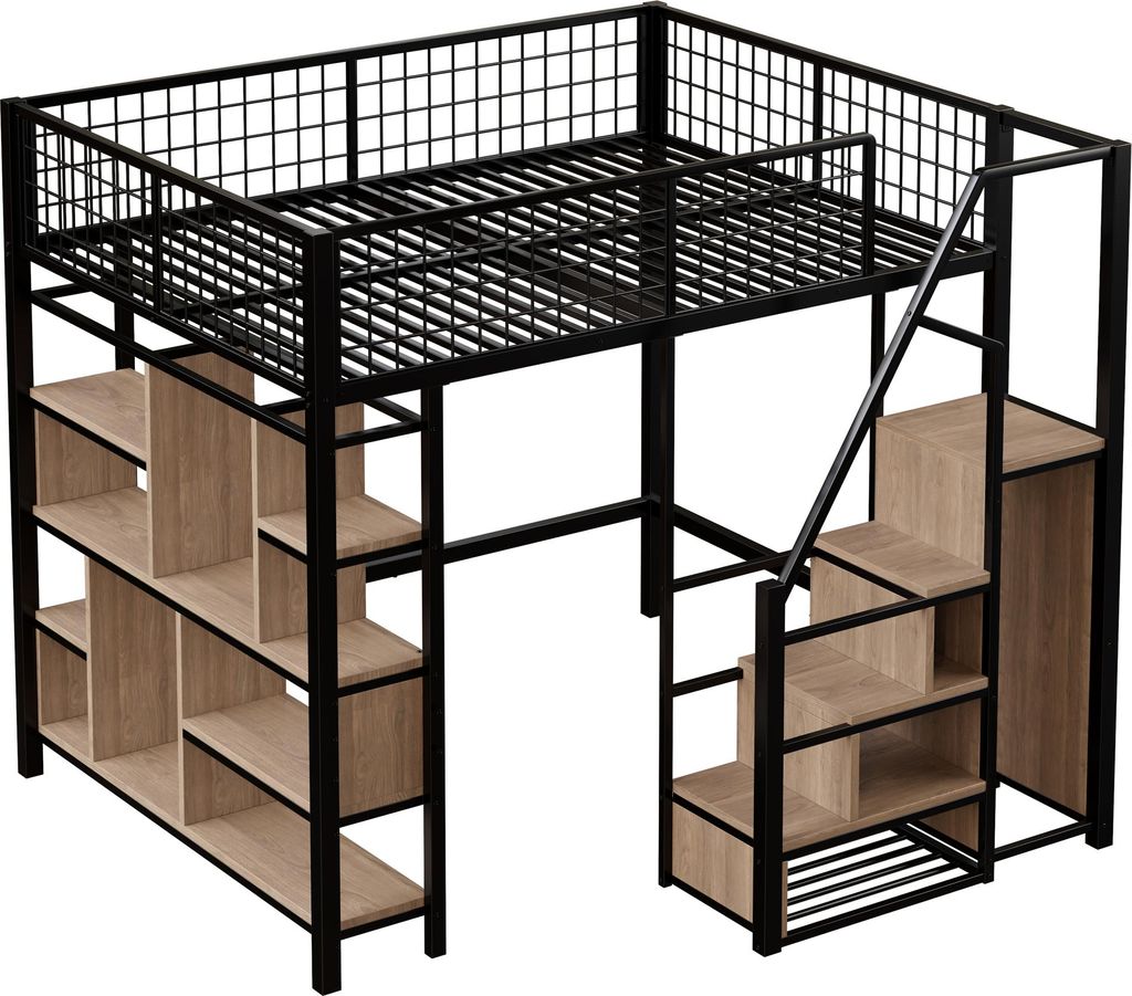 Hochbett, 140x200 cm, Metallbett mit Lattenrost, Regal, Produktbild 
