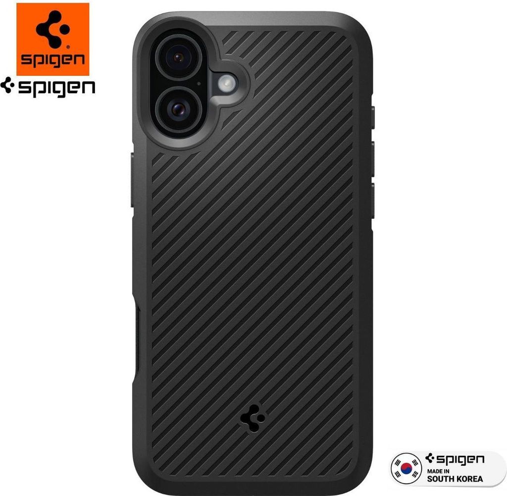 A black Spigen phone case is shown from the back.