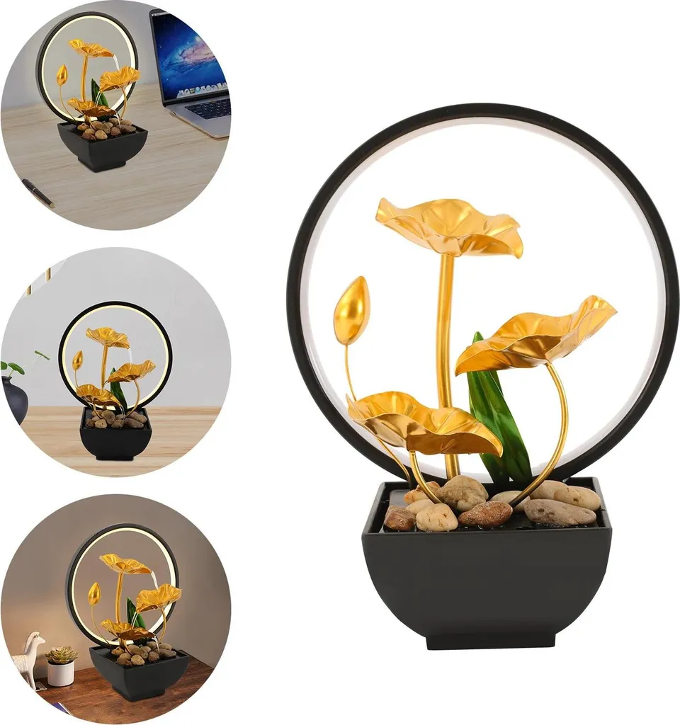 Fontaine décorative d'intérieur Lotus en métal doré avec lumière LED