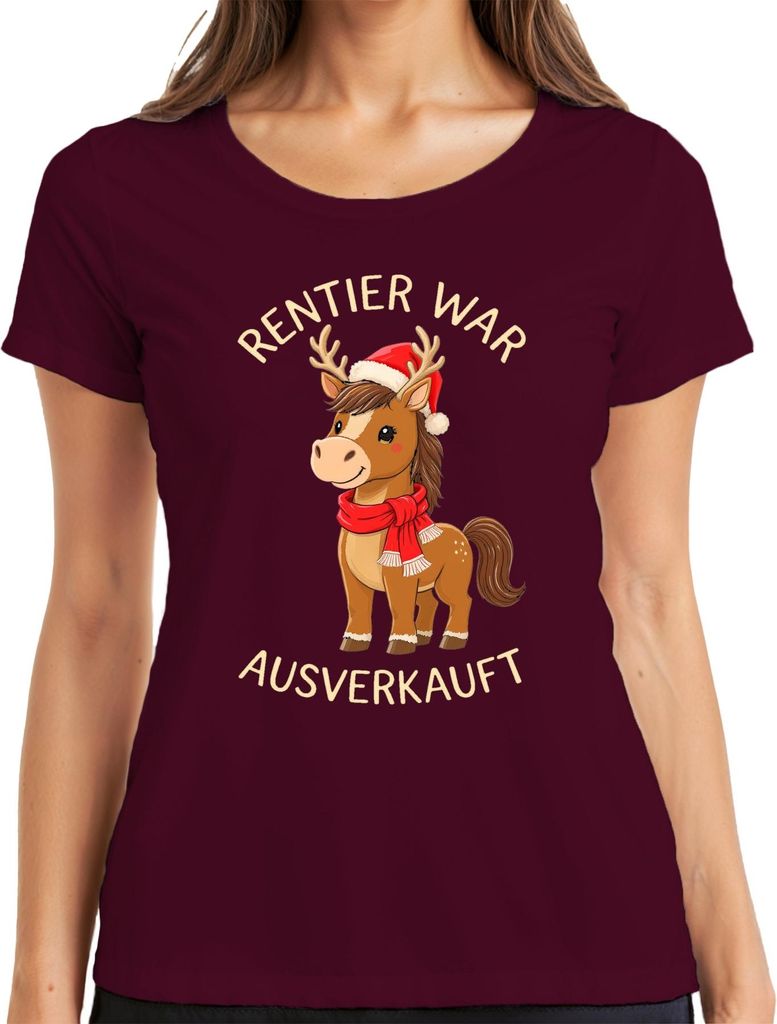 Rentier war t Weihnachten lustig Pferd Geweih niedlich Damen T-Shirt, Burgundy, M
