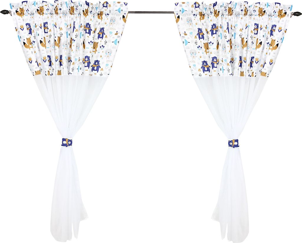 TupTam Kinderzimmer Voile Vorhänge Baby Gardinen mit Tunnelzug Set, Farbe: Bärchen Wald / Dunkelblau, Größe: ca. 140 x 245 cm