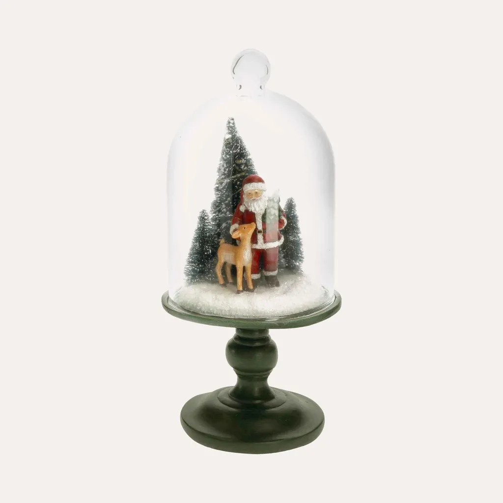 Vitrine Noël en verre 15cm avec figurines Père Noël et faon réaliste