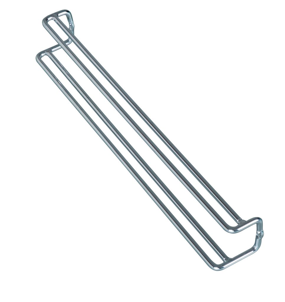 A silver metal tie and belt holder against a white background.