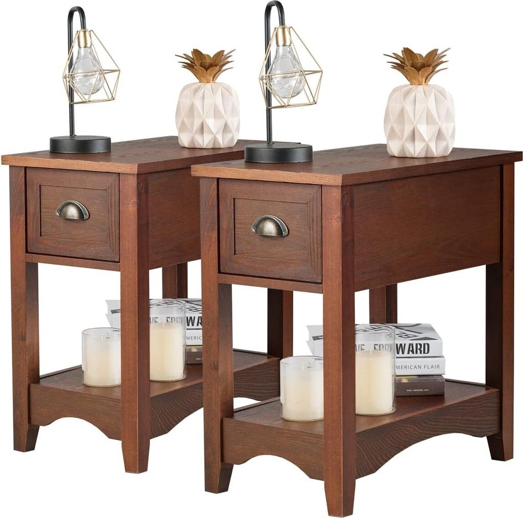 COSTWAY 2er Set Beistelltisch mit Schublade und Ablage, 2-stöckiger Sofatisch, schmaler Nachttisch, Kaffeetisch 56 x 33 x 58,5 cm, Rotbraun