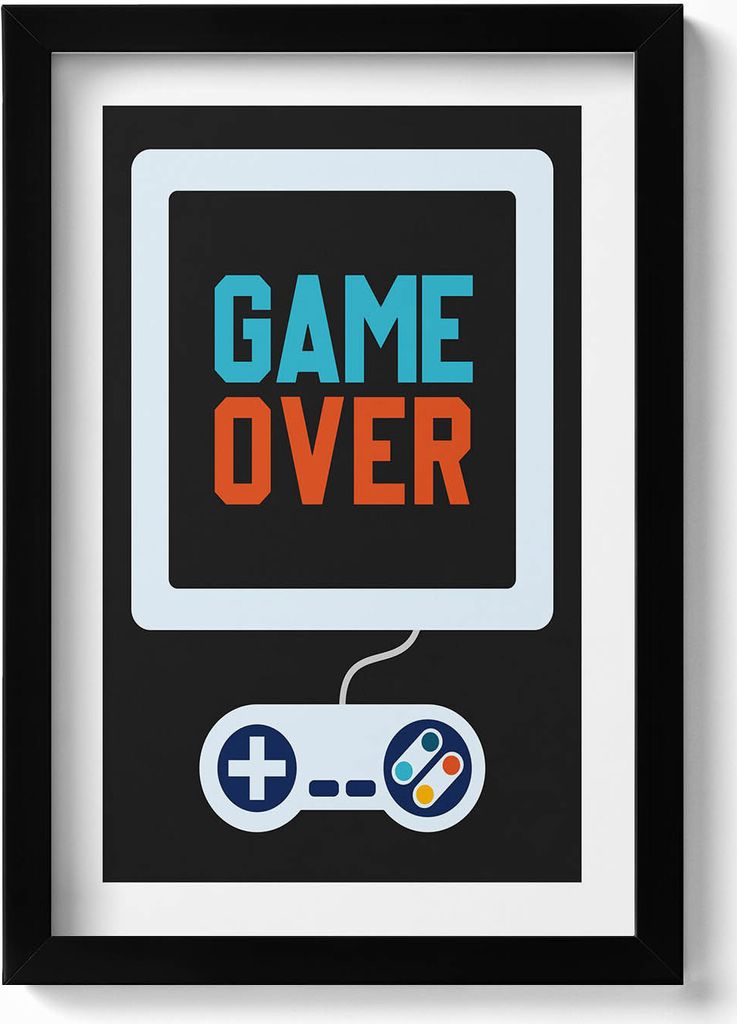 Beschriftung für den Spieler „Game over“– Wandbild mit Rahmen – Gerahmtes Bild – Wanddekoration – 20x30 cm – Schwarz