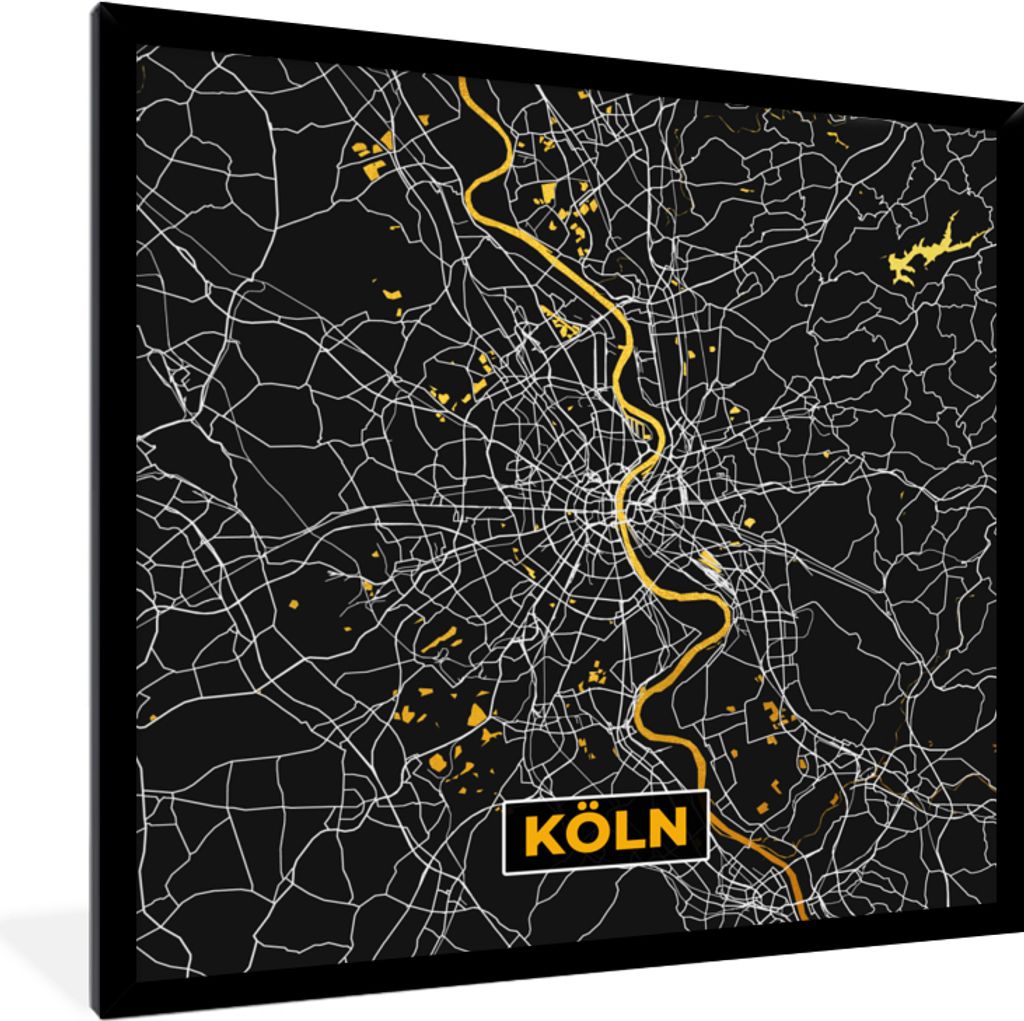 MuchoWow Gerahmtes Poster Köln - Karte - Stadtplan - Deutschland - Gold 40x40 cm - Poster mit Schwarzem Bilderrahmen Wandposter Rahmen Foto Bild...
