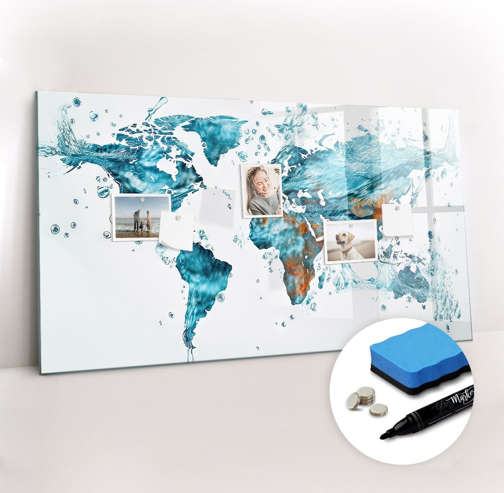 Magnetpinnwand Memoboard - Zubehörsatz - Schwarzer Marker + Schwamm + Magnete - 120 x 60 cm - Wasserweltkarte