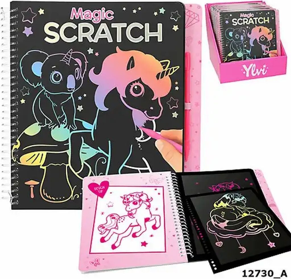Malbuch Ylvi Magic Scratch Book, 20 schwarze Seiten, ein Stift