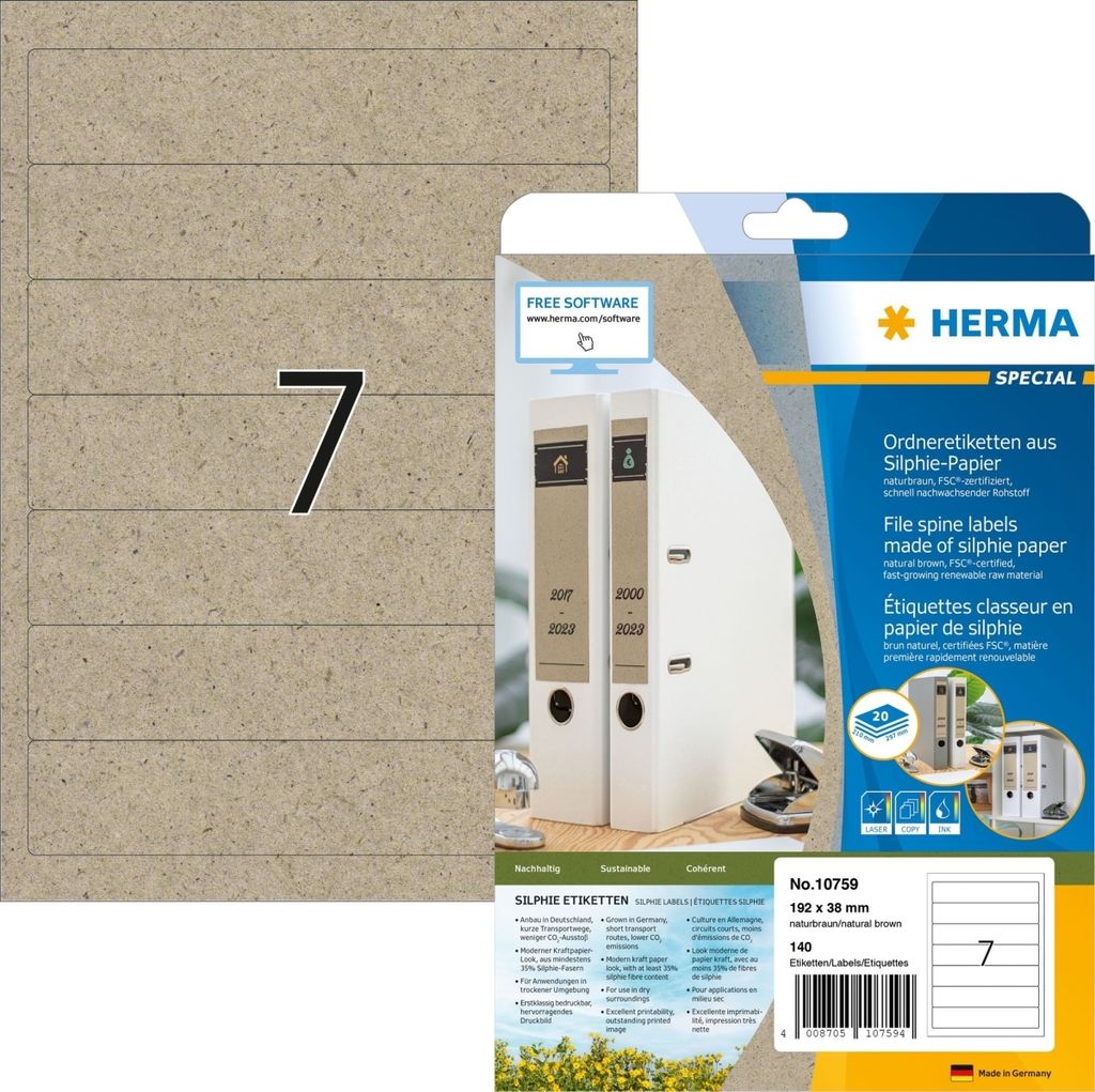 Ordneretiketten Silphie-Papier A4 192x38mm naturbraun VE=32x20 Blatt/140 Stück