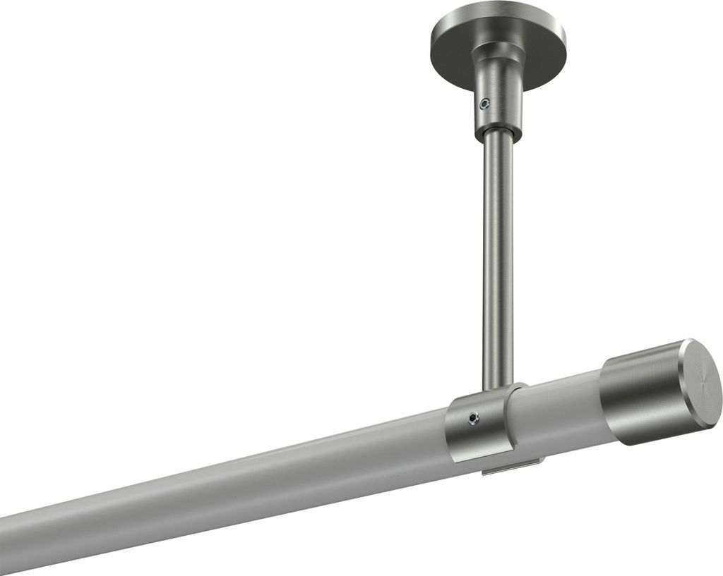Interdeco Gardinenstange / Vorhangstange Weiß / Edelstahl-Optik, Typ Sonette Santo (Kappe) ohne Ringe, Deckenmontage, 20 mm Ø 1-läufig, 260 cm